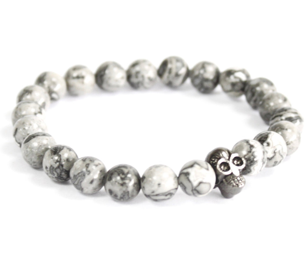 Bead Bracelet | Grey Agate & Pewter Skull