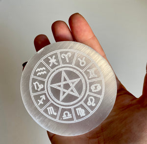 Selenite Engraved Charging Plate | Circle ~ Pentagram Zodiac