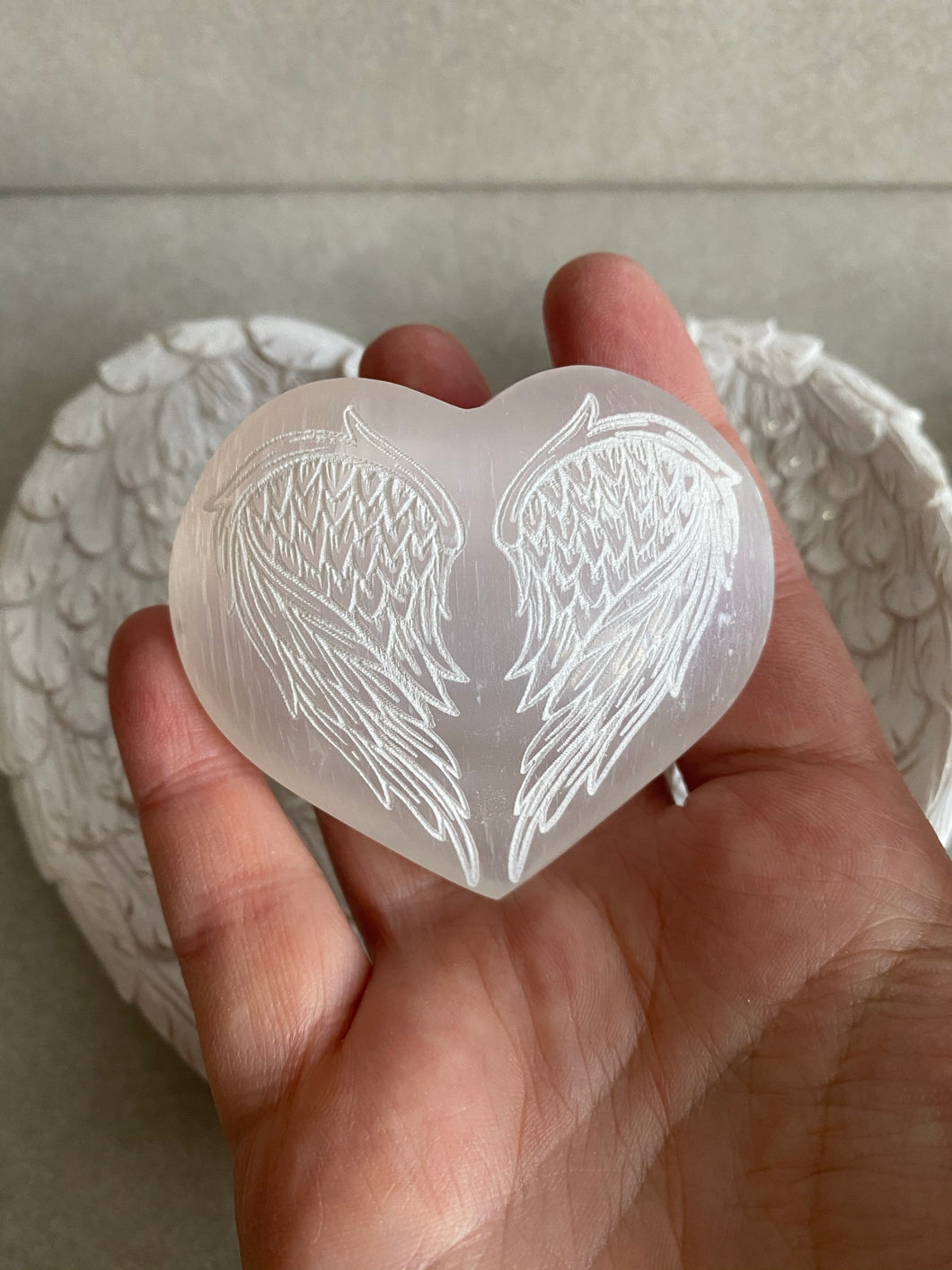 Selenite | Puffy Engraved Heart | Angel Wings