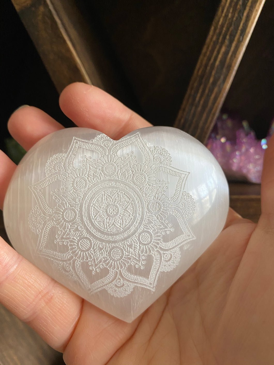 Selenite | Puffy Engraved Heart | Mandala