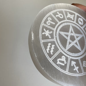 Selenite Engraved Charging Plate | Circle ~ Pentagram Zodiac